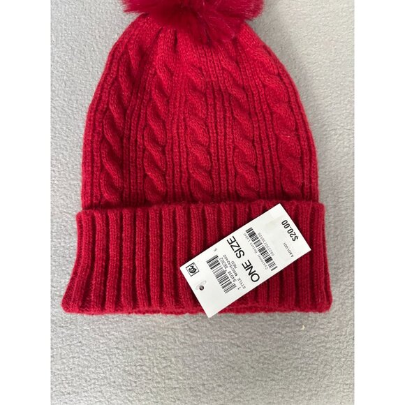 Style & Co. Red Cable Knit Shine Beanie With Pom Pom One Size Recycled Poly NWTs - Picture 5 of 7